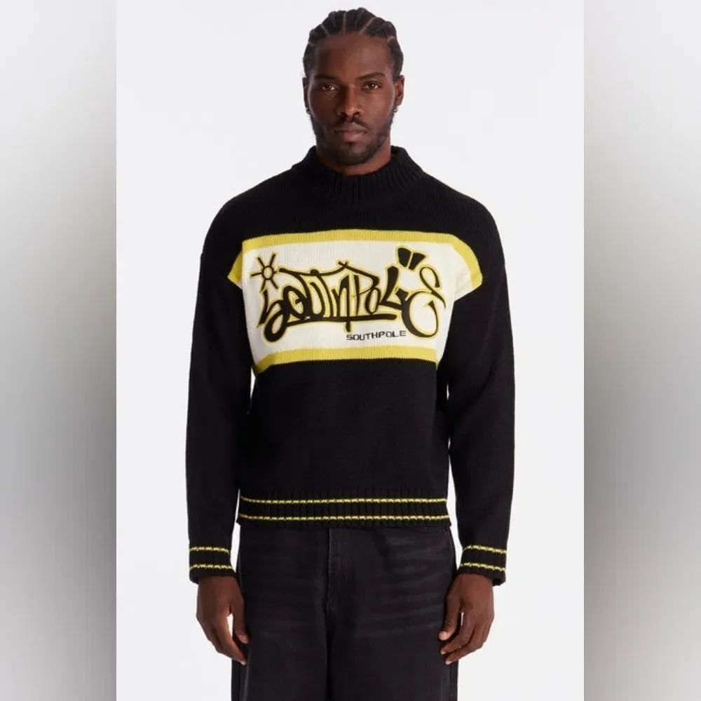 Southpole 🎁 Turtleneck Pullover Sweater Black & Gold